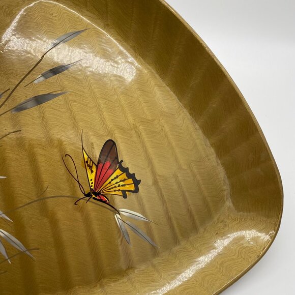 Vintage Japanese Lacquerware Gold Triangle Tray With Bamboo & Butterfly Design - Picture 5 of 14